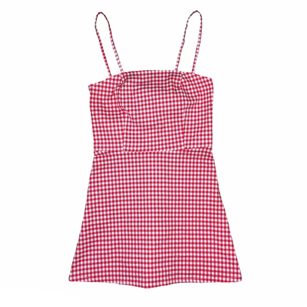 New Red and White Gingham Plaid Mini Cami Dress